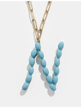 Blue Beaded Letter Name "N" Initial Paperclip Chain Fashion Necklace